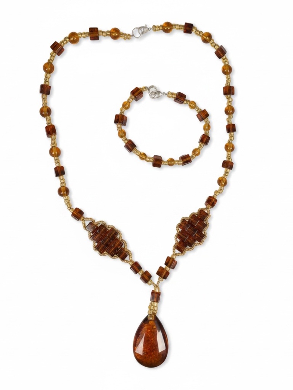 Amber Teardrop Beaded Necklace and Bracelet Set handmade in Mexico